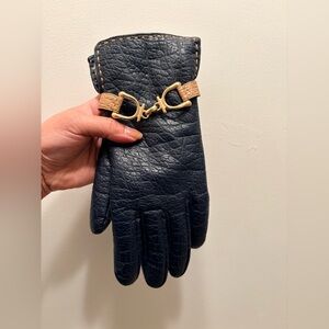 Vintage Designer Faux Shearling Black Gloves, Fully Lined, Horsebit Clasp, Lux